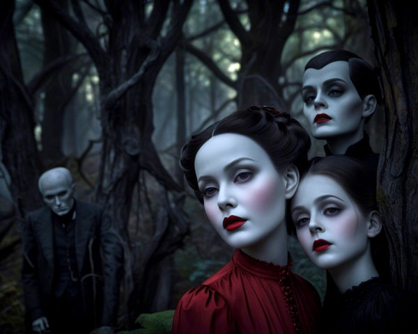 Gothic Woodland Scene with Pale Figures and Dark Atmosphere