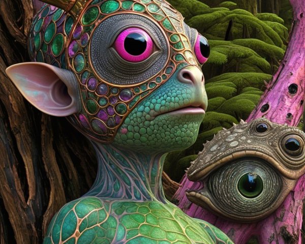 Reptilian Creature with Antlers in Lush Forest Setting