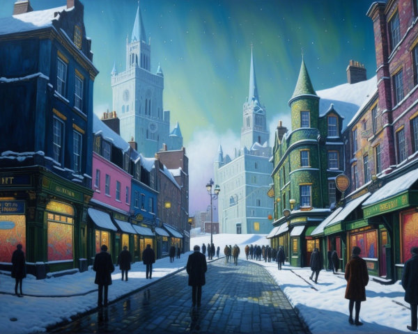 Snow-Covered Street Scene with Colorful Shop Windows