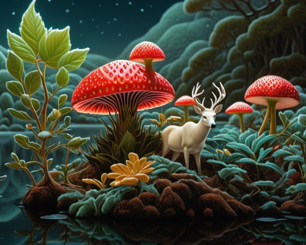 Whimsical Landscape with Red Mushrooms and Deer