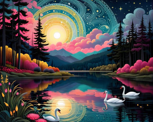 Tranquil Lake with Swans and Vibrant Autumn Trees