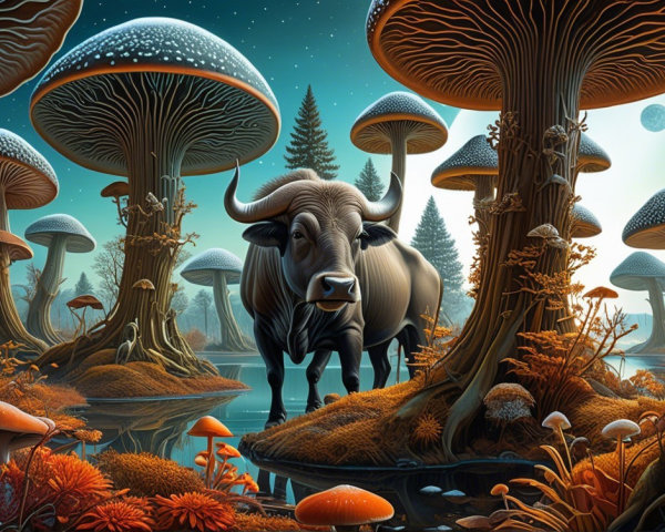 Majestic Bull in Surreal Landscape with Colorful Mushrooms