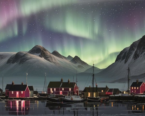 Tranquil Coastal Village with Aurora Borealis at Night