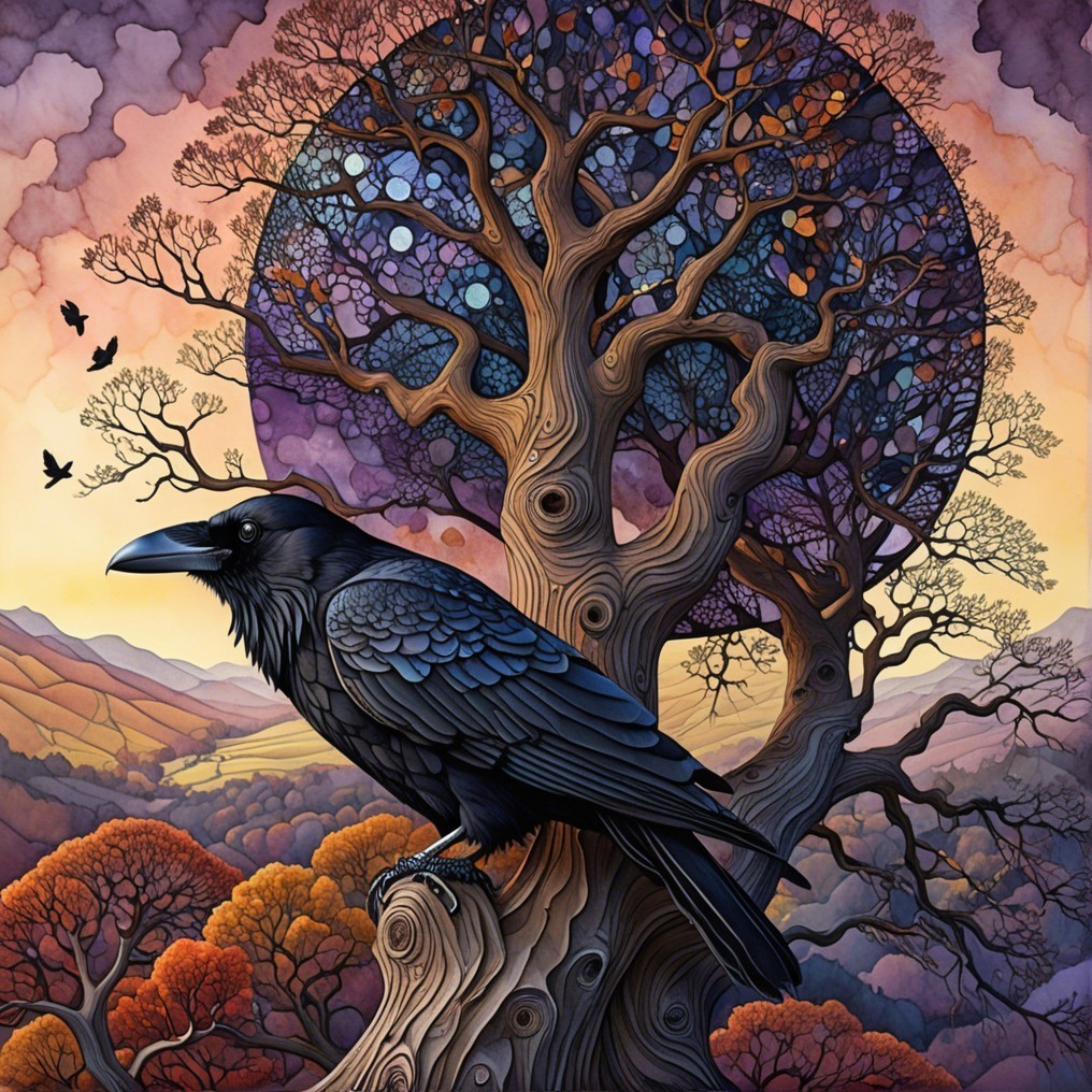 Raven on Gnarled Stump Against Colorful Sunset Sky
