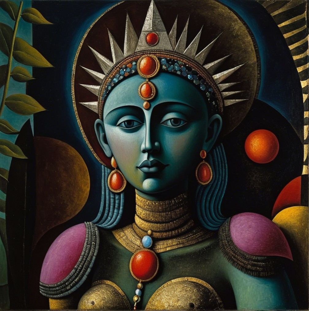 Stylized Female Figure with Blue Skin and Jewelry