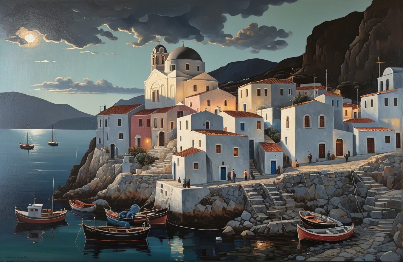 Coastal Village with Whitewashed Buildings and Harbor