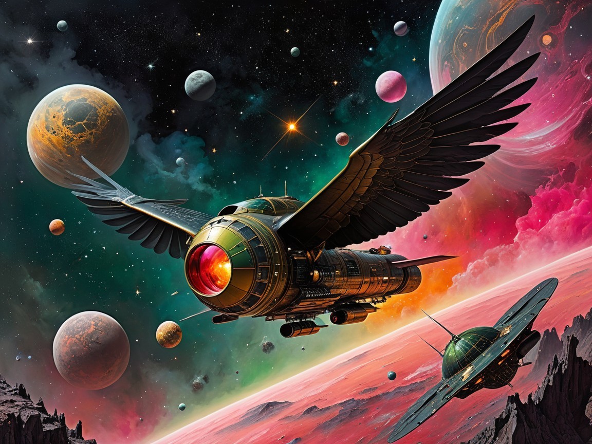 Owl-Inspired Spacecraft in a Colorful Cosmic Scene