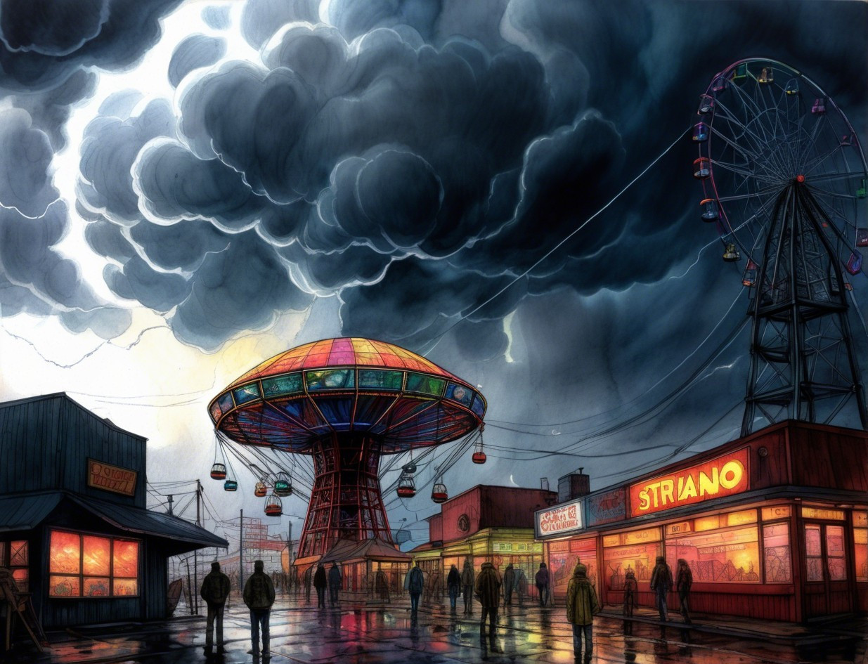 Dramatic Watercolor of Spooky Night Amusement Park