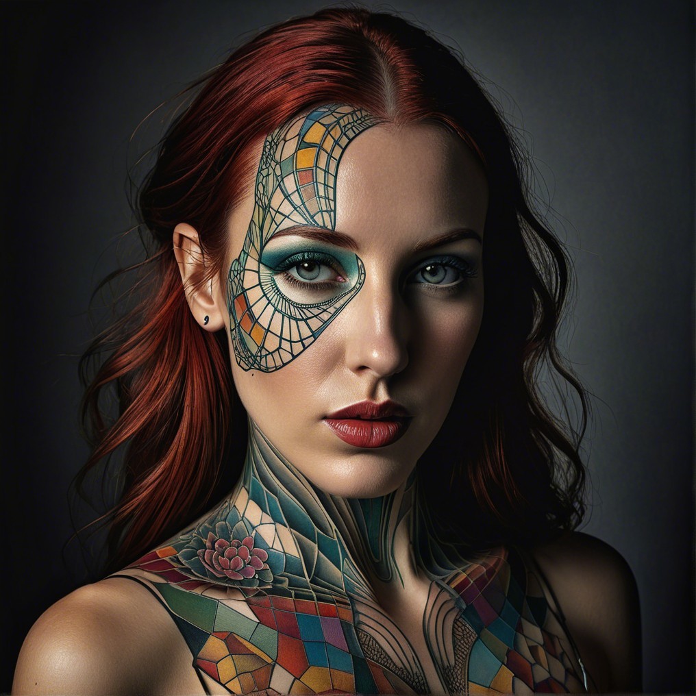 Portrait of a Woman with Colorful Tattoos and Red Hair