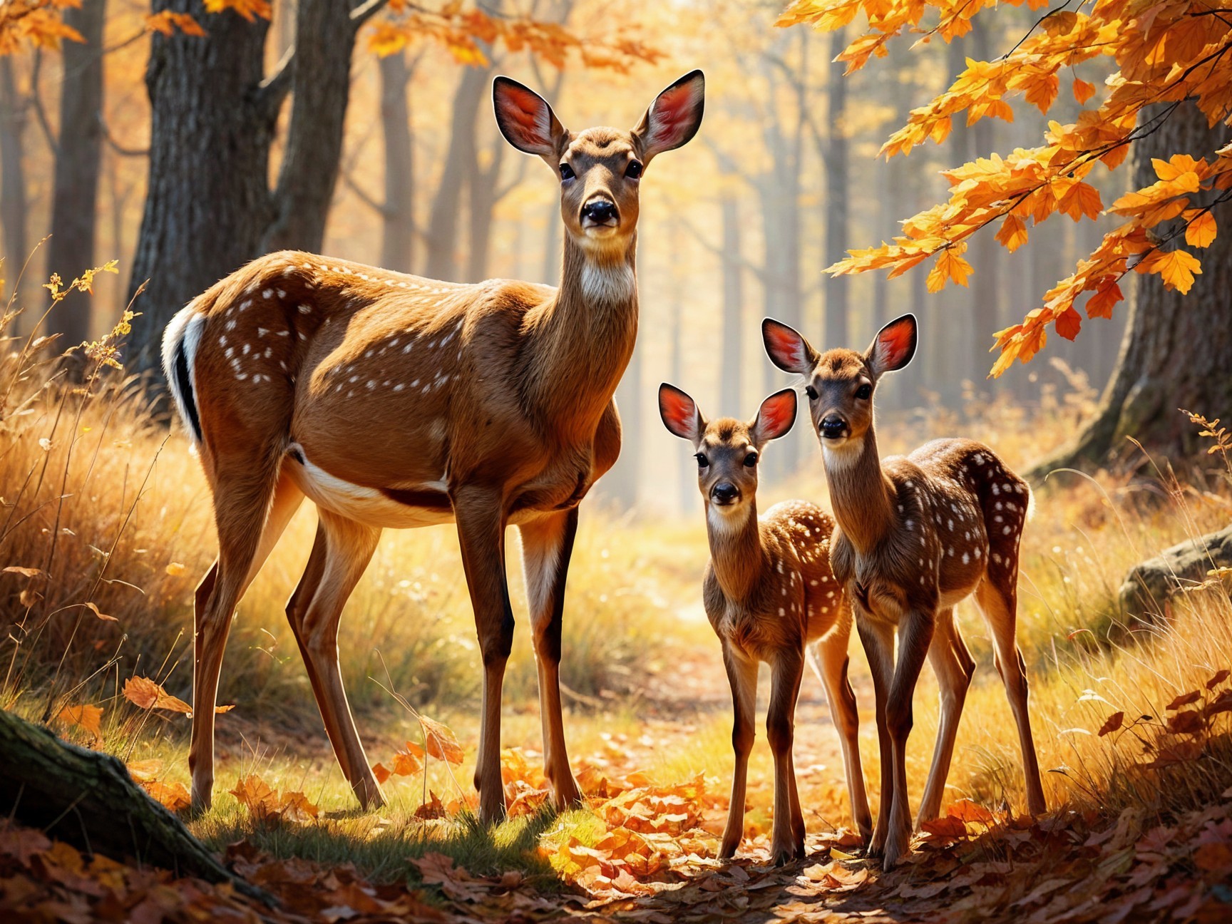 Autumn Forest Scene with Deer and Spotted Fawns