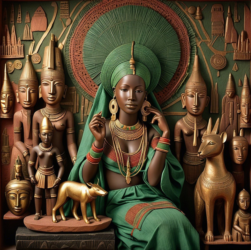 Regal Figure in Green Garment Amidst Ancient Sculptures