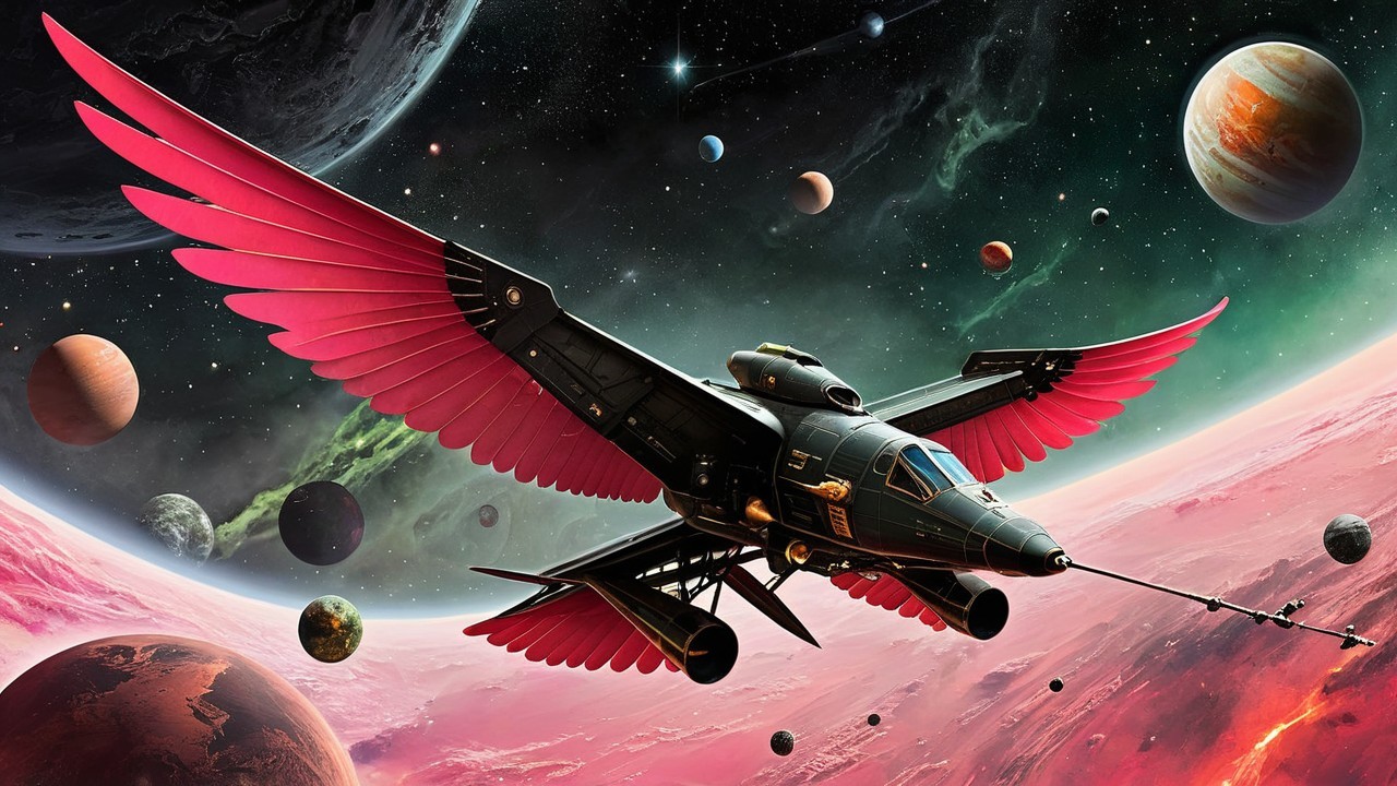 Futuristic spacecraft in vibrant cosmic landscape