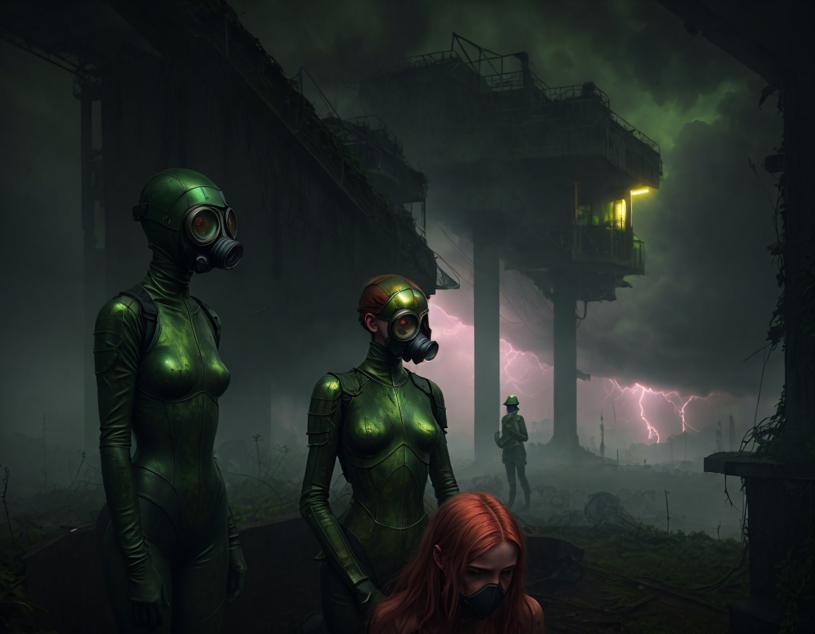 Dystopian Landscape with Figures in Green Suits
