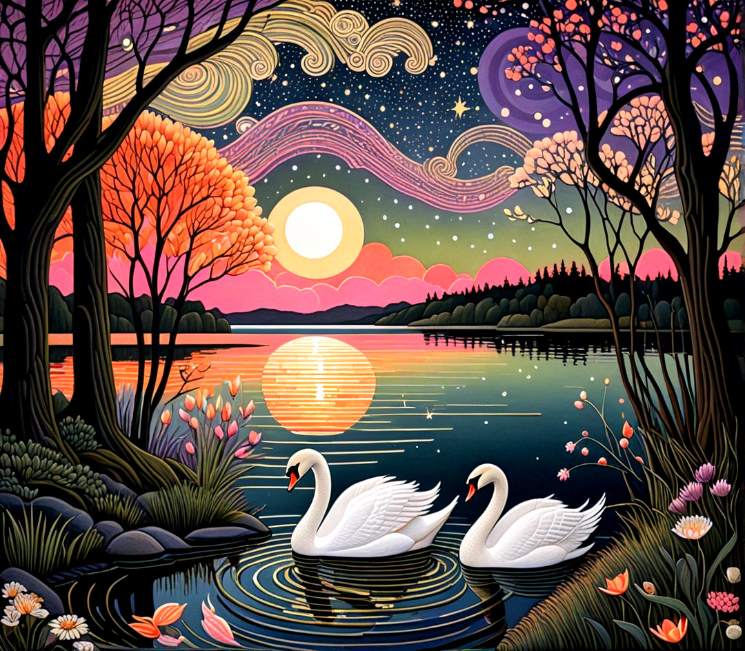 Twilight Scene of Swans on a Calm Lake