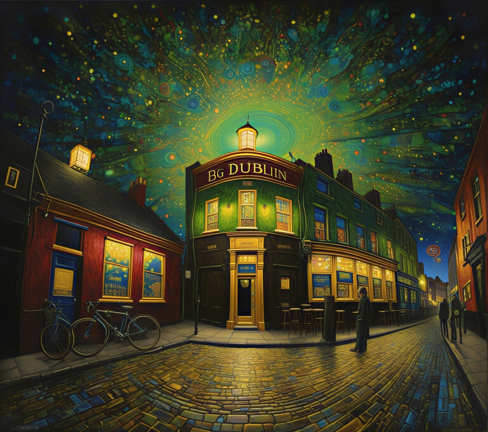 Dublin Night Street Scene with Pub and Starry Sky