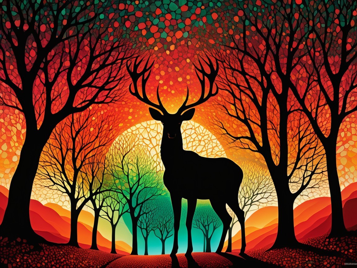 Stag Silhouette in Vibrant Sunset Forest Scene