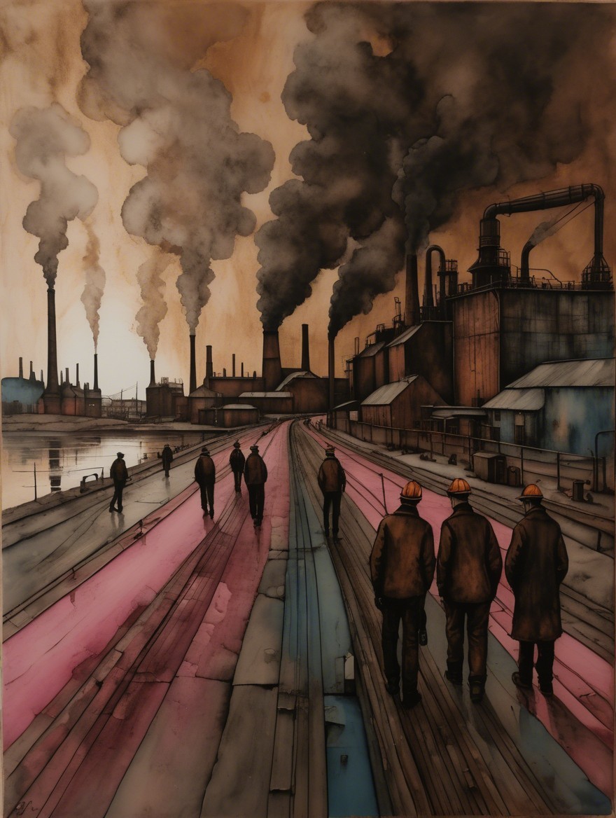 Somber Industrial Landscape with Workers and Smokestacks