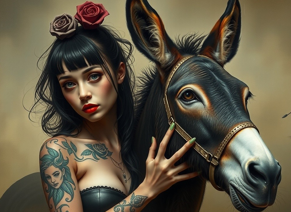 Stylized portrait of a woman with a donkey