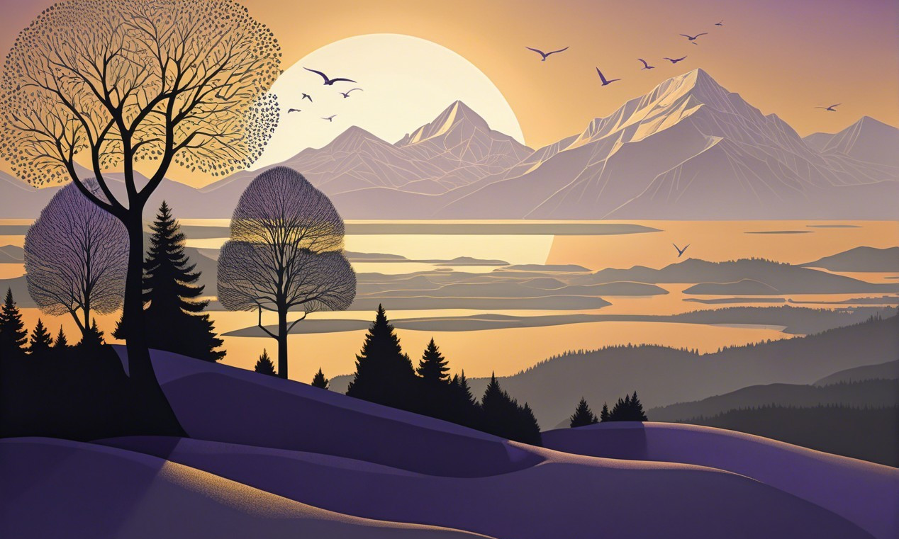 Serene Sunset Landscape with Mountains and Reflections