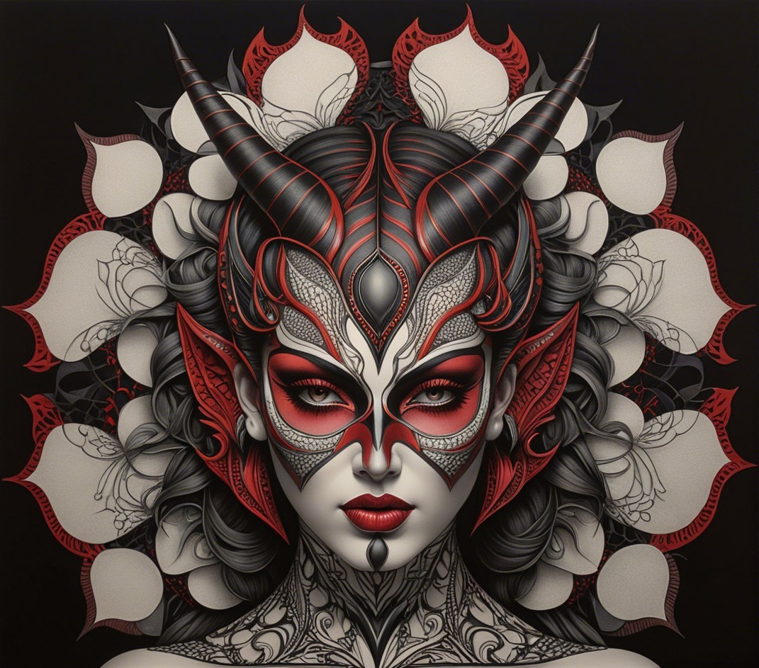 Striking Female Figure with Intricate Patterns and Colors