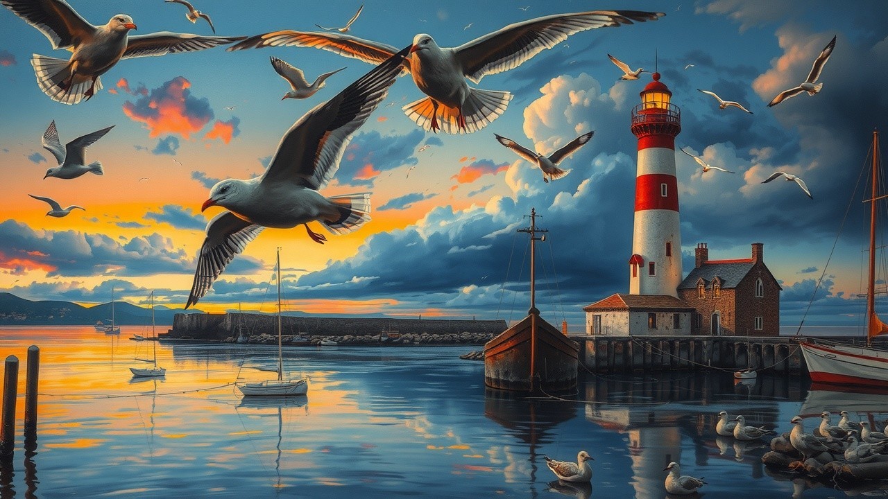 Coastal Sunset with Lighthouse and Seagulls Over Water
