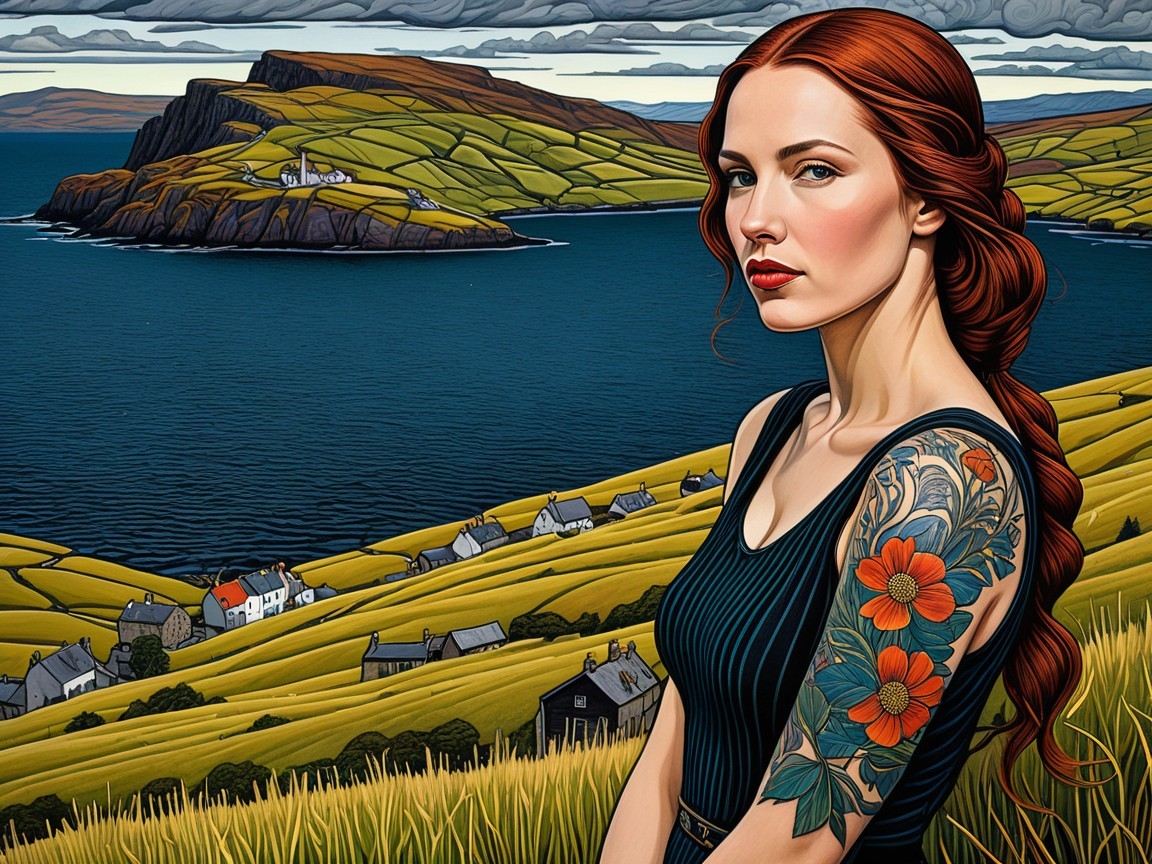 Woman with Red Hair Against Coastal Landscape