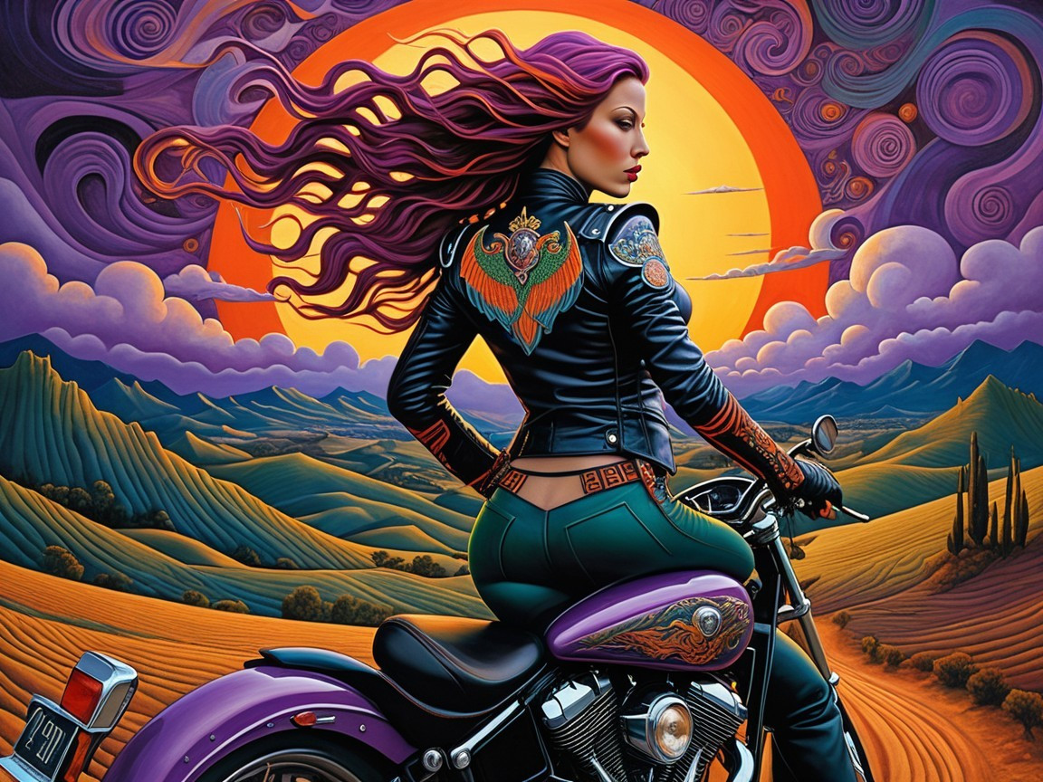 Woman with Vibrant Hair on Motorcycle at Sunset