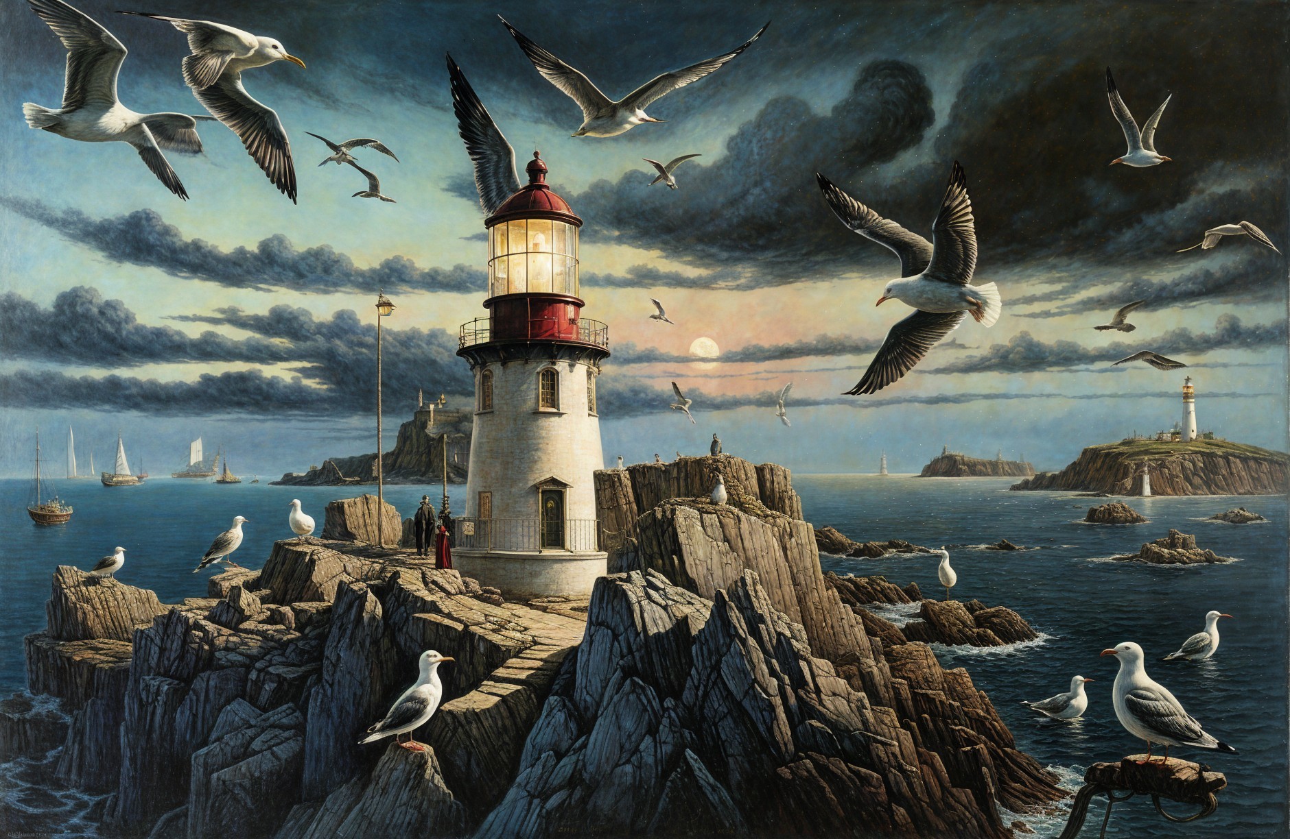 Dramatic Seascape with Lighthouses and Stormy Skies