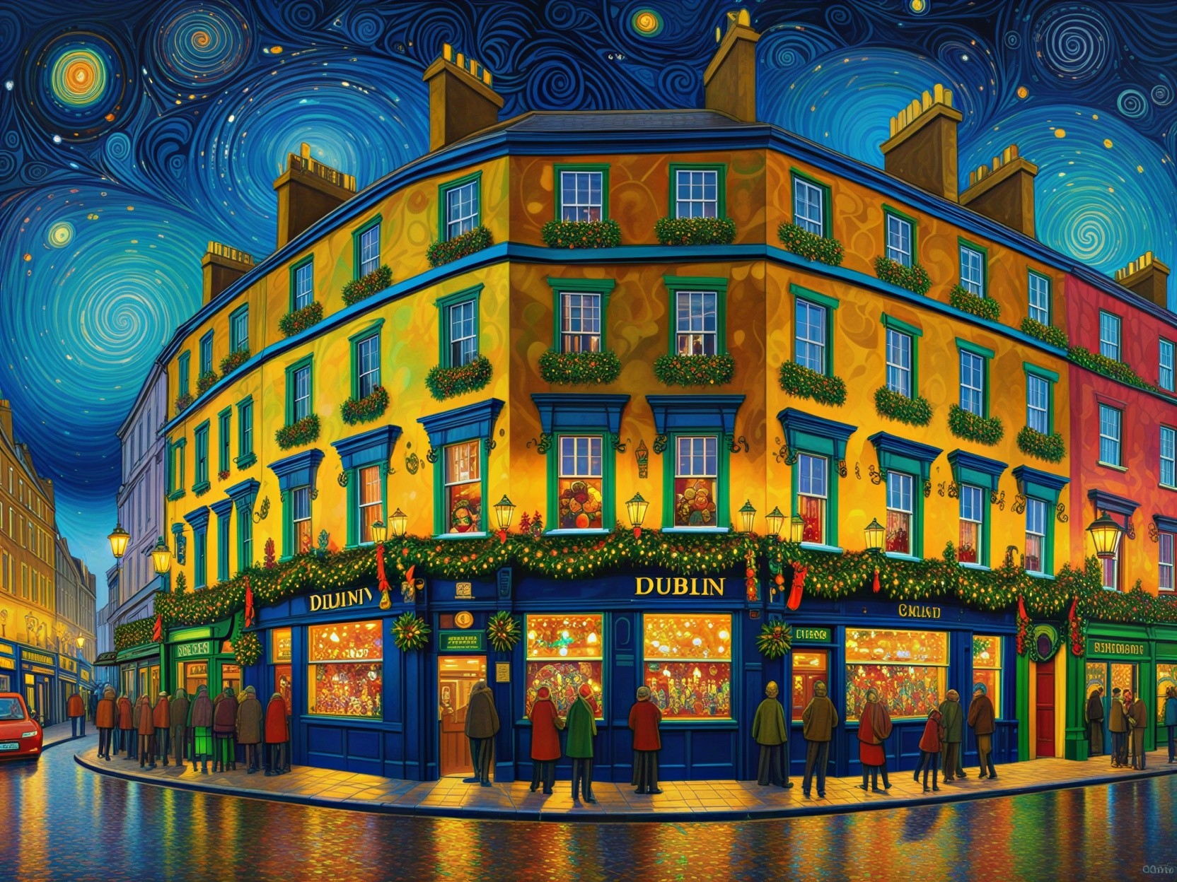 Festive Dublin Street Corner with Holiday Decorations