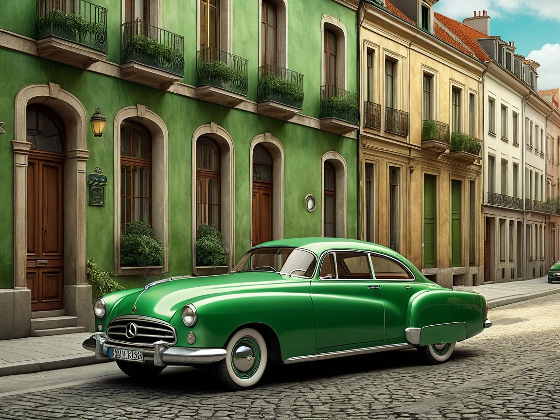 Vintage Green Mercedes-Benz on Cobblestone Street
