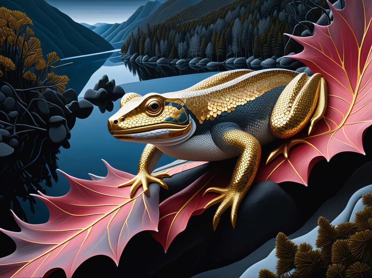 Vivid Frog on Red Leaf by Serene Riverbank