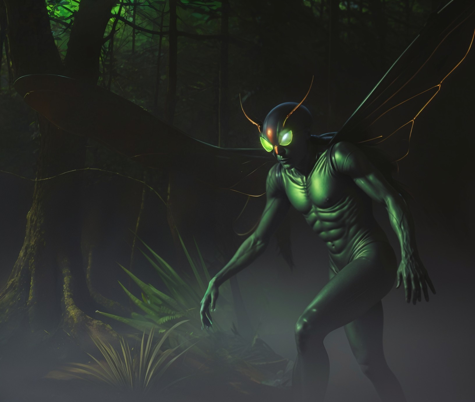 Insect-like Creature in a Mystical Foggy Forest