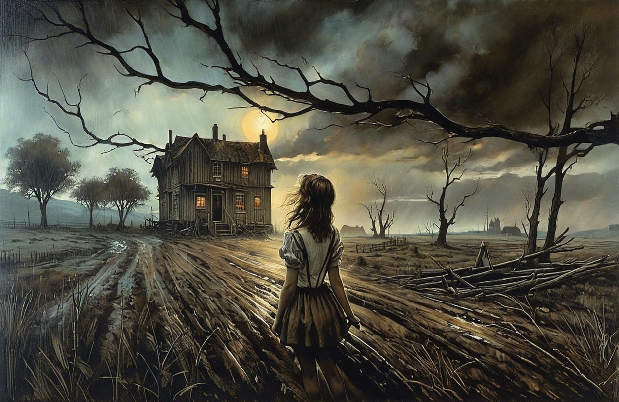 Girl on Muddy Path by Dilapidated House at Night
