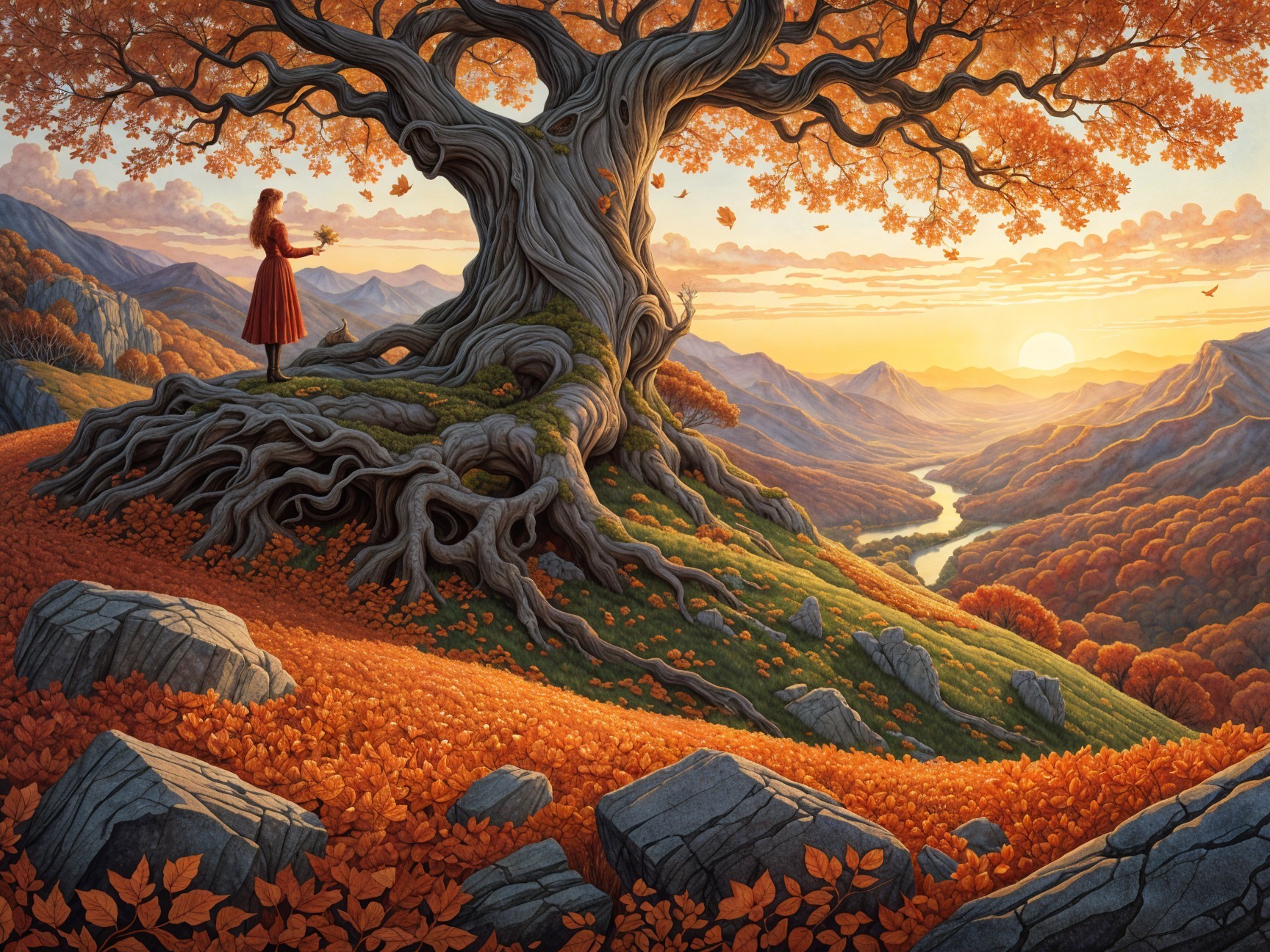 Autumn Landscape with Woman in Red Dress and Tree