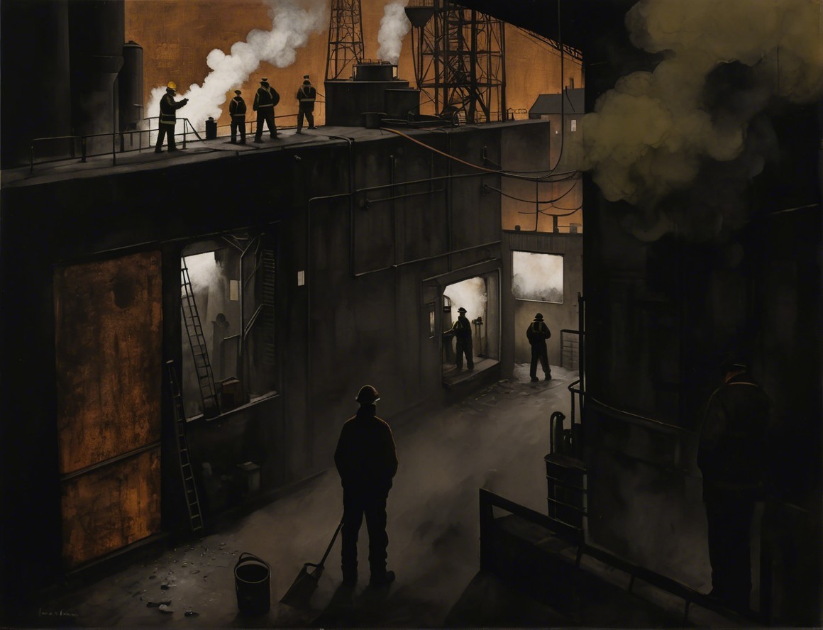 Gritty Industrial Scene with Workers and Smoke