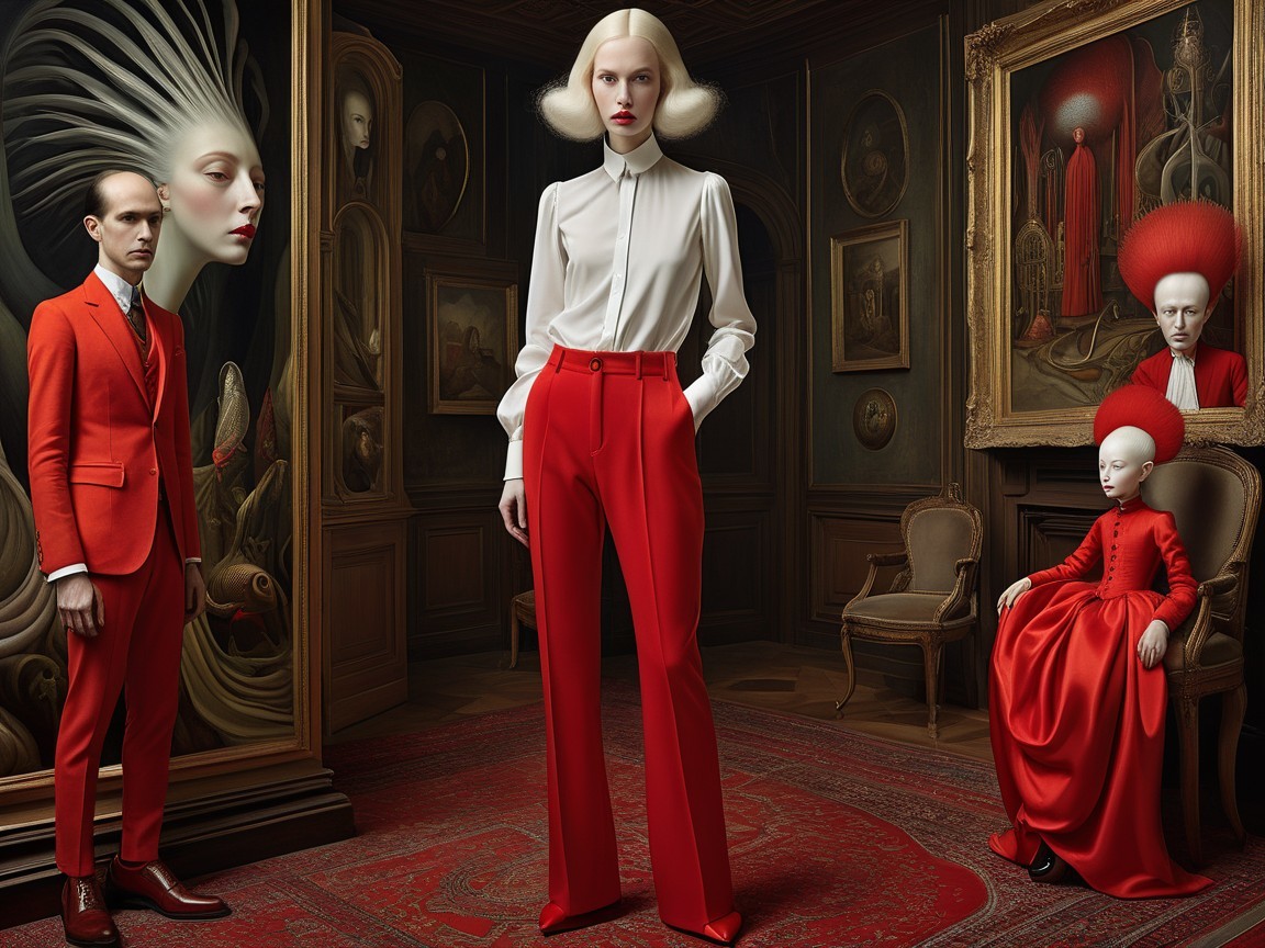Fashion Scene in Opulent Room with Surreal Elements