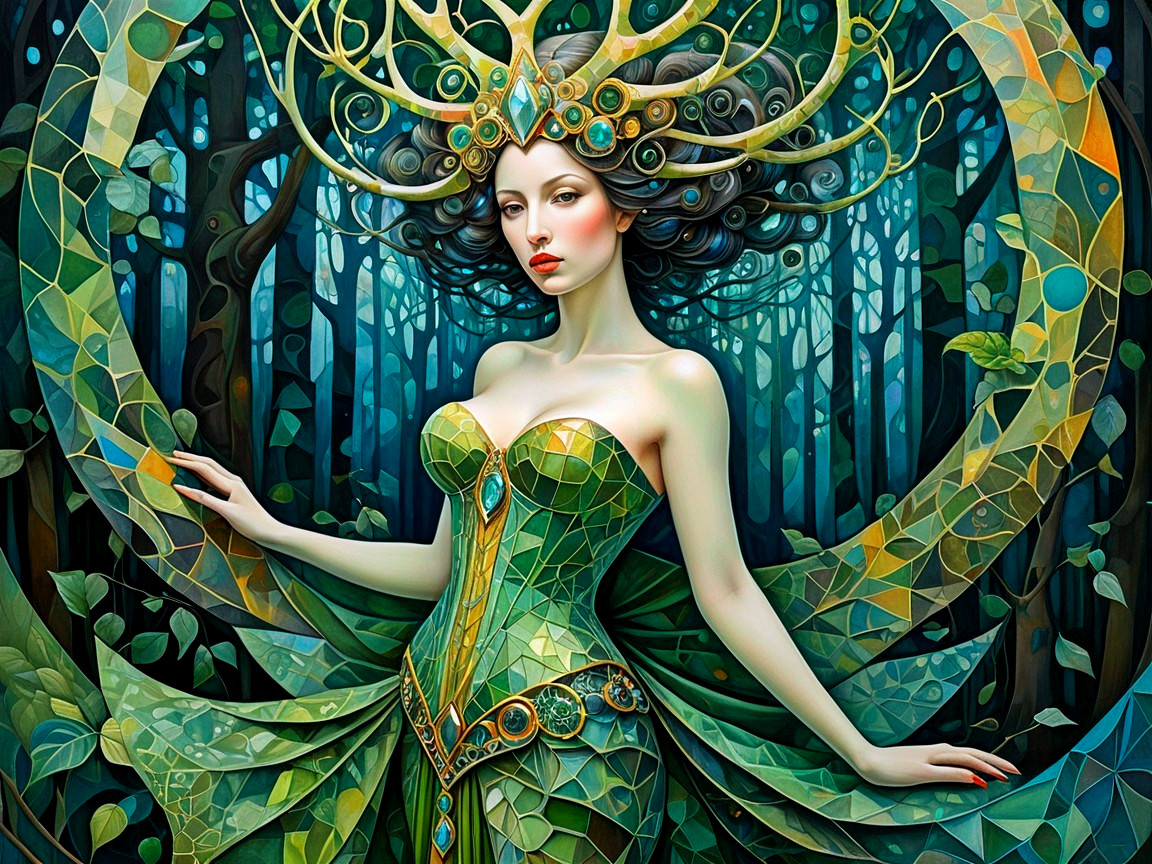 Mystical Figure in Emerald Gown in Vibrant Forest