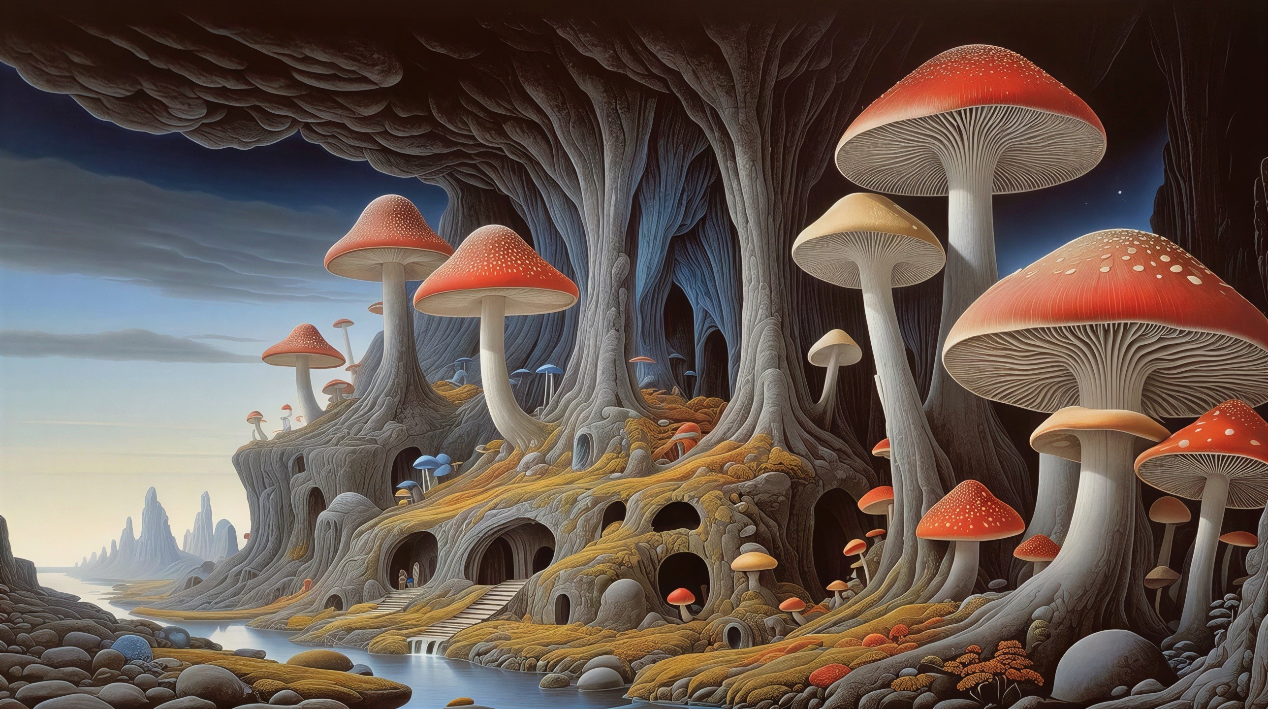 Whimsical Fantasy Landscape with Mushrooms and River