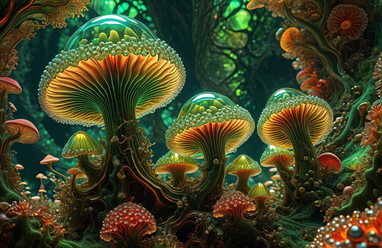 Vibrant Forest of Luminous Mushrooms and Fungi