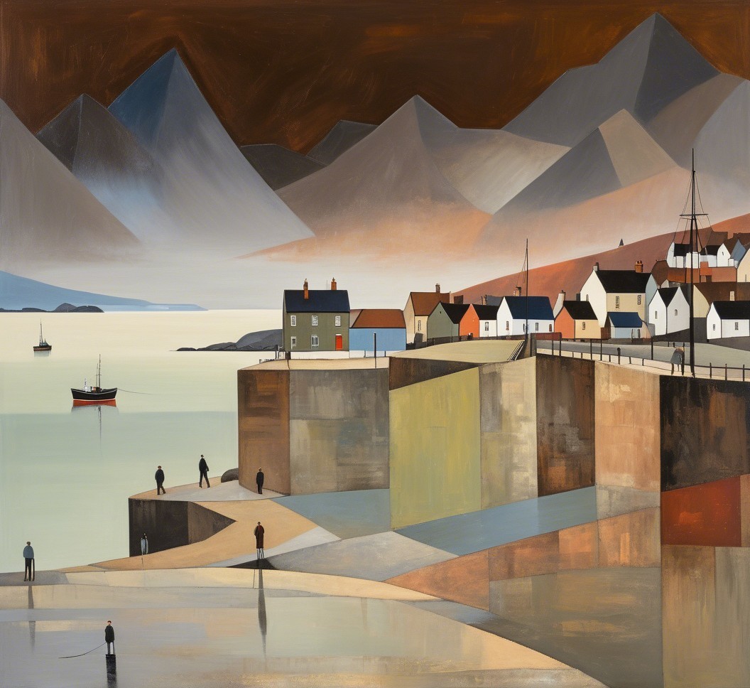 Tranquil Coastal Scene with Harbor and Village