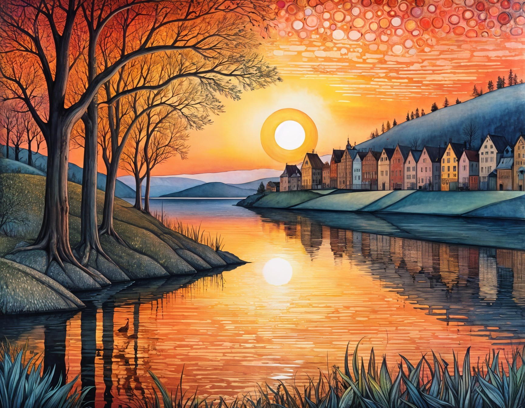Vibrant Sunset Over Tranquil River Landscape