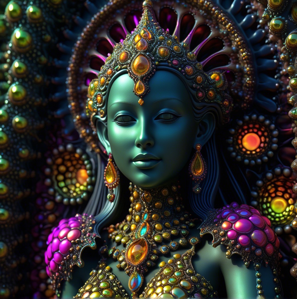 Intricate figure with vibrant gemstones and ornate patterns