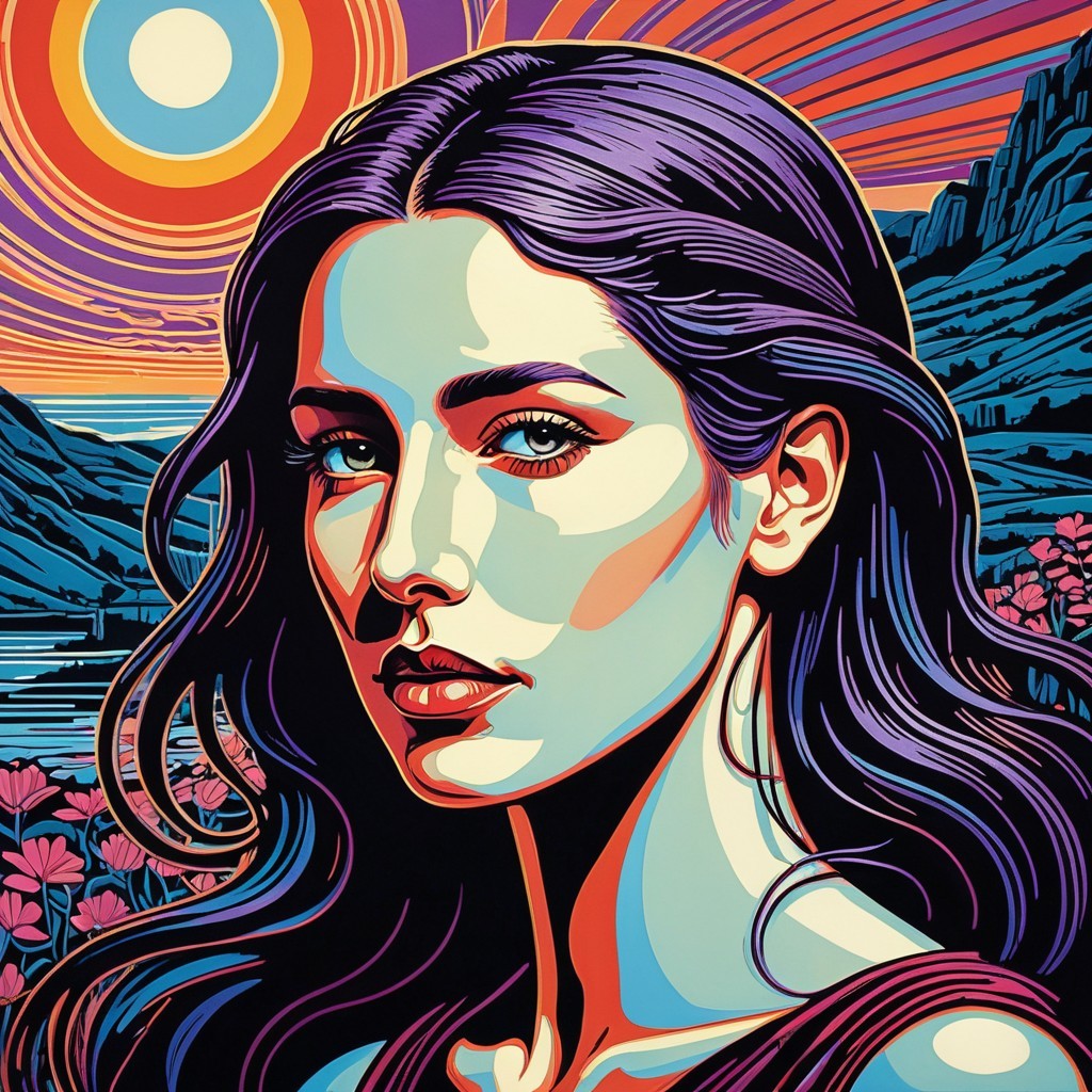Portrait of a Woman with Surreal Mountain Sunset
