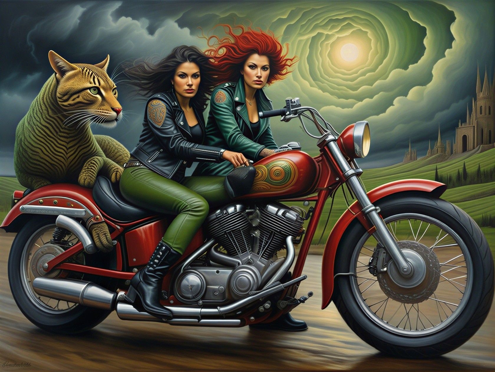 Women on Motorcycle with Tiger in Dramatic Setting