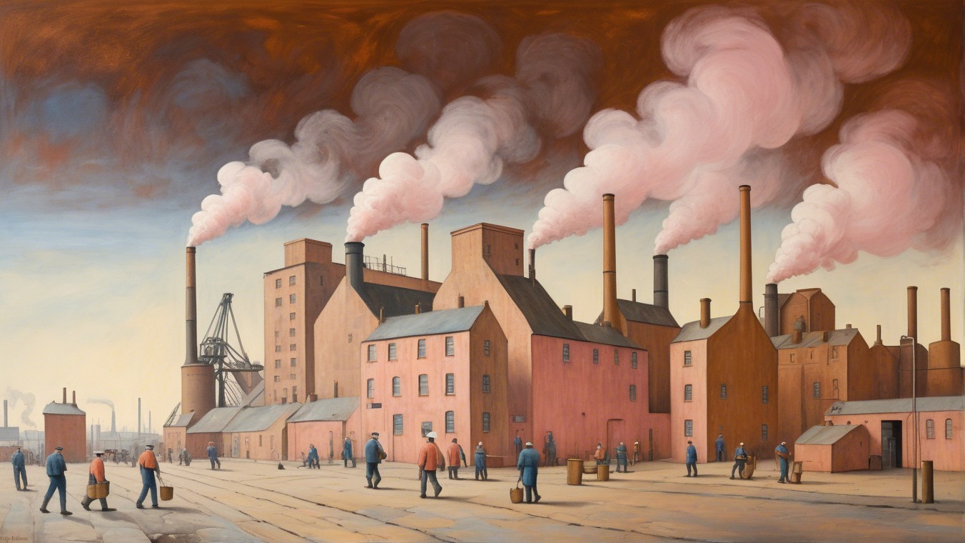 Industrial Scene with Factories and Workers in Pink Smoke
