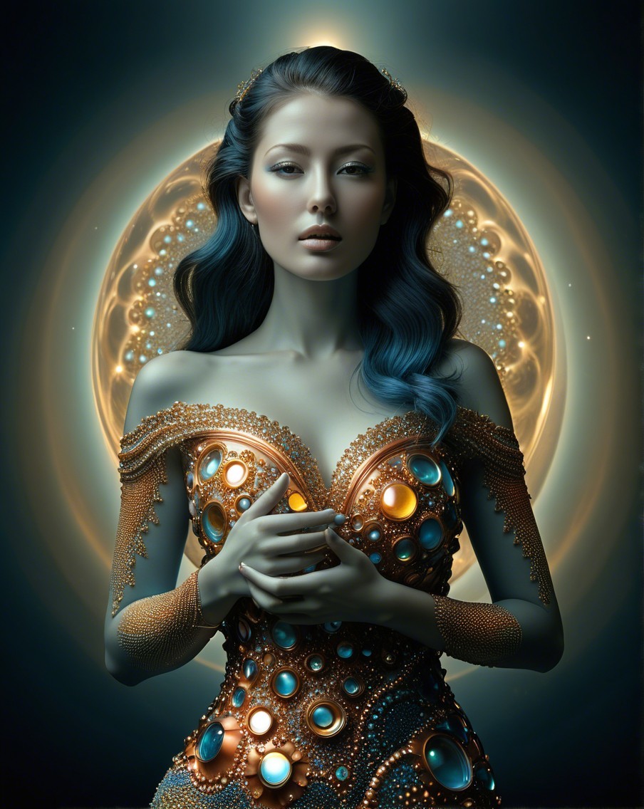 Ethereal Woman in Jewel-Adorned Gown with Halo Background