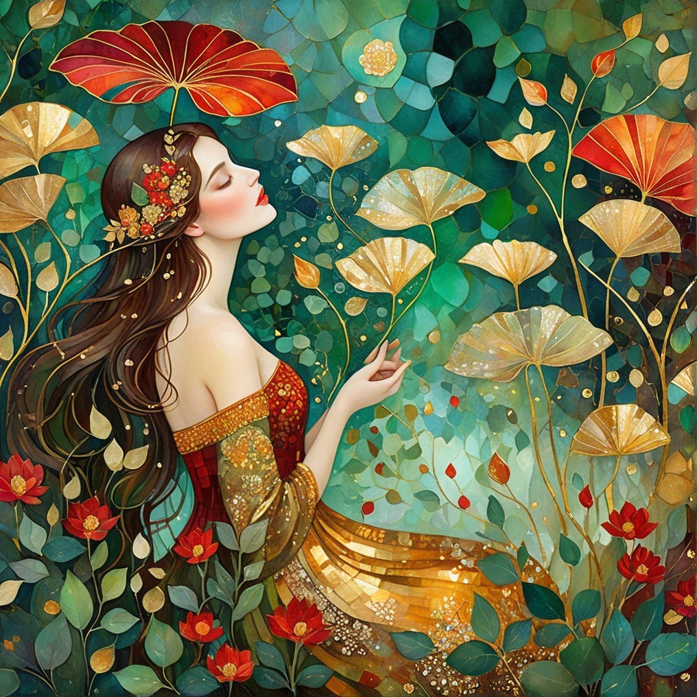 Serene Woman in Vibrant Foliage with Golden Accents