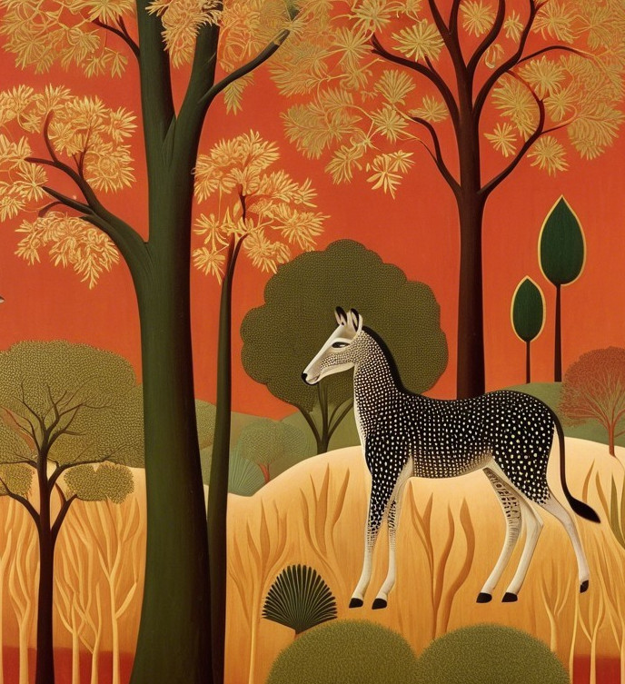 Stylized landscape with orange sky and black deer