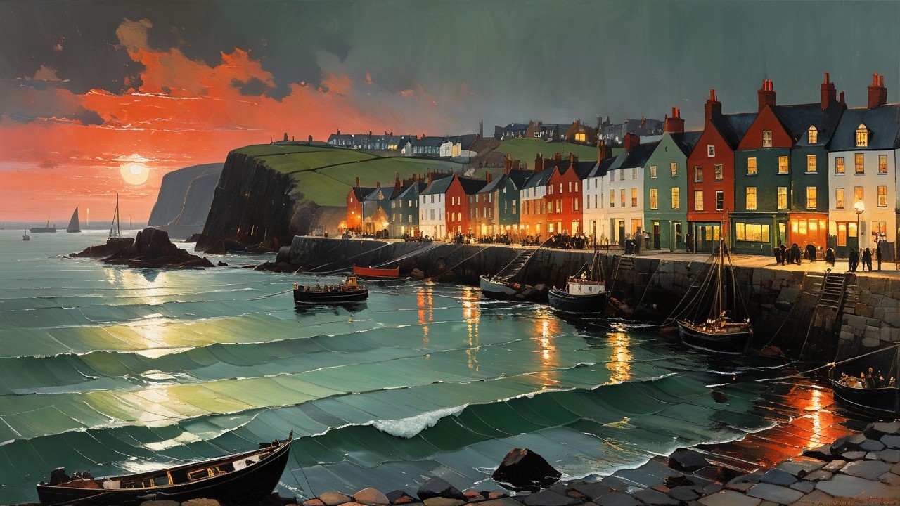 Seaside Village at Sunset with Colorful Buildings