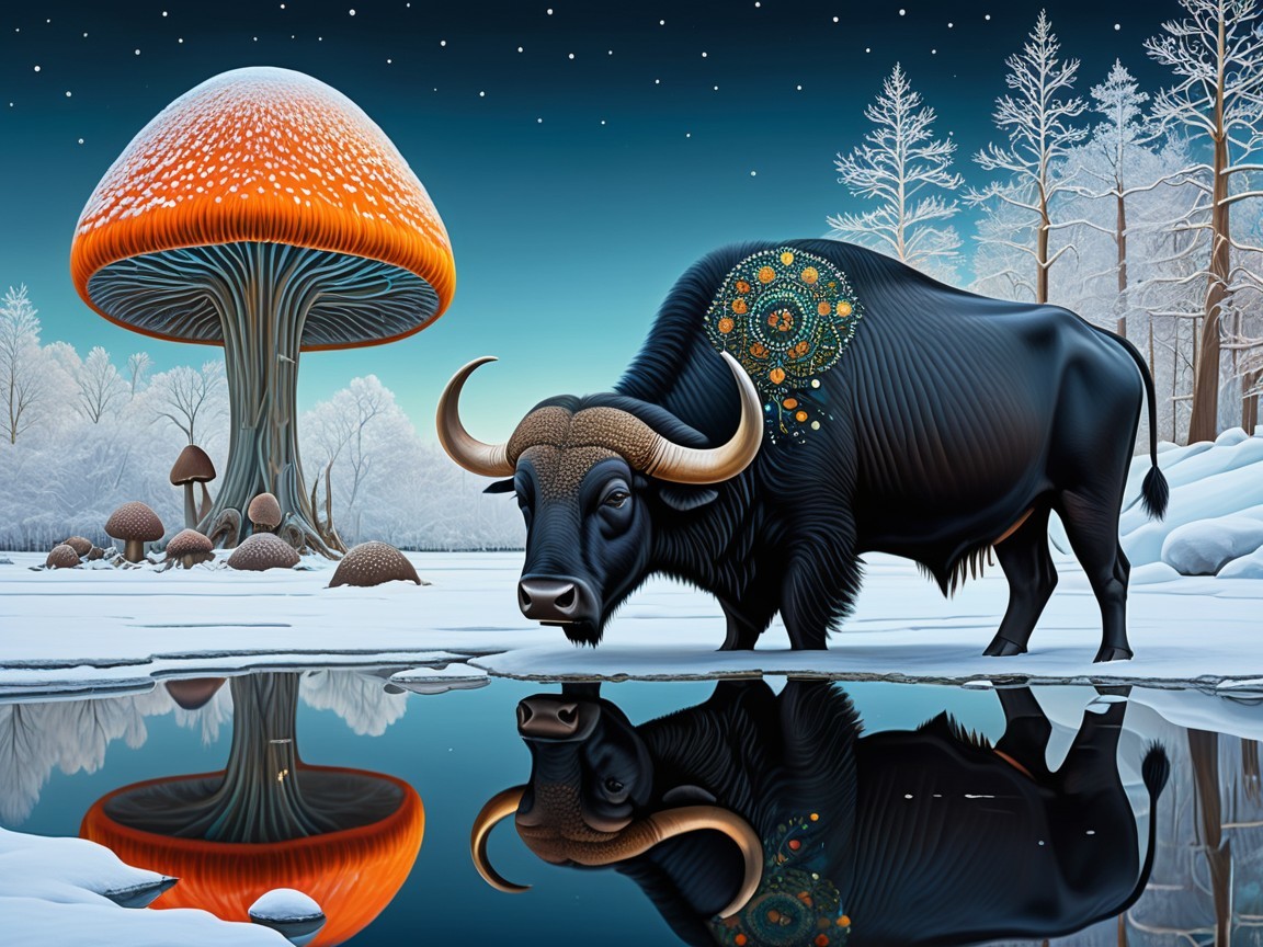 Black Buffalo by Reflective Pool in Winter Landscape